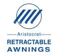 A blue and white logo for retractable awnings.