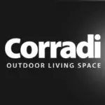A black and white logo of corradi outdoor living space.